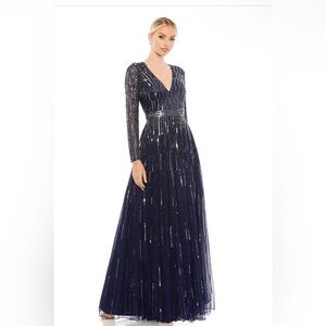 Mac Duggal 4977 Long Sleeve Sequin Dress Dark Blue Size 8
